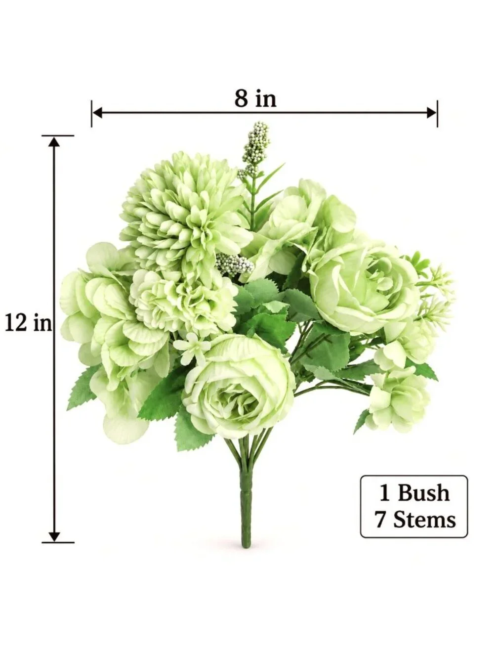 Light Green Artificial Flower Bush 7 Stem Faux Floral Bouquet Hydrangea Roses Mi